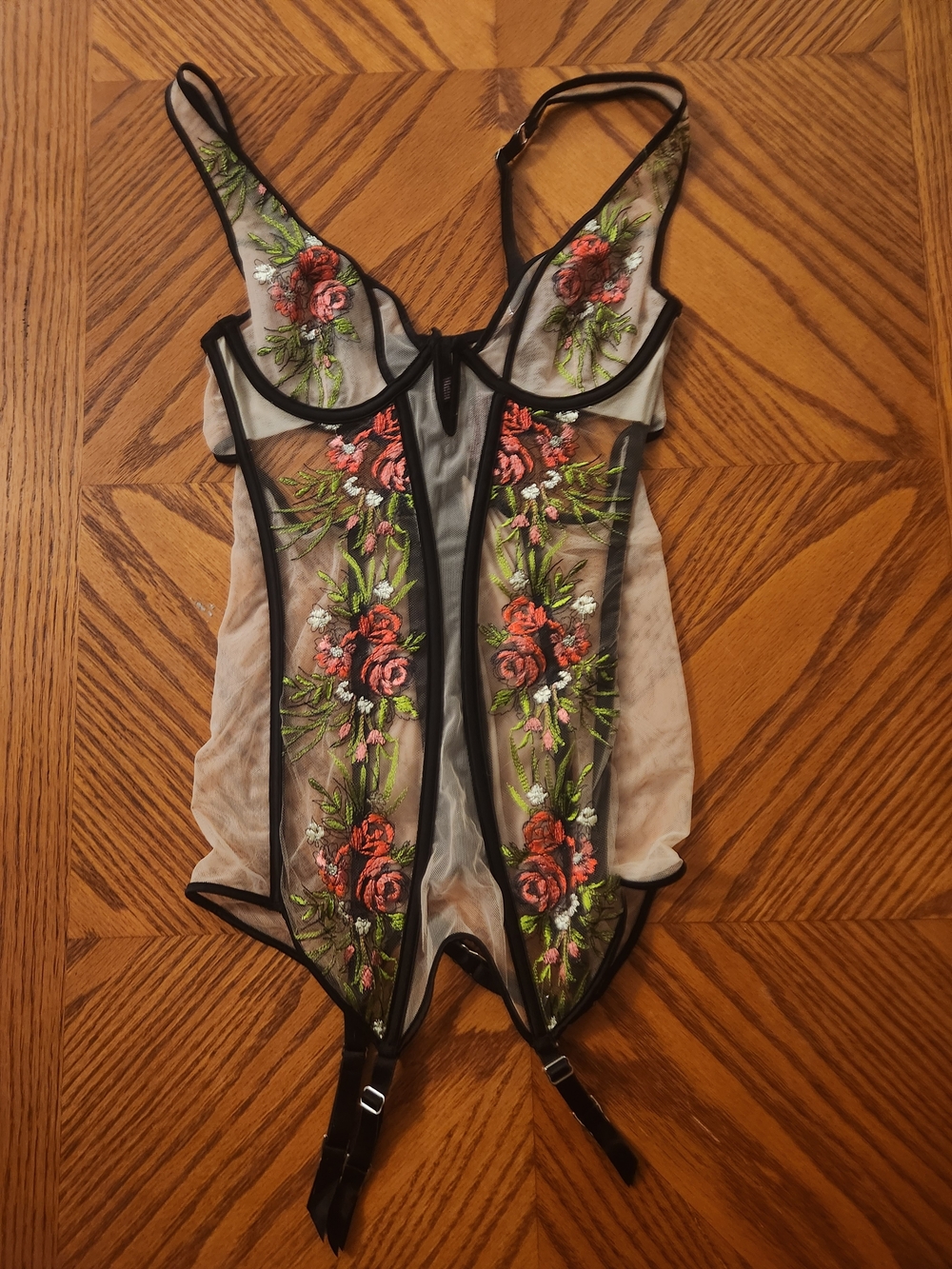 Victoria Secret Sheer Floral Embroidered Garter Teddy